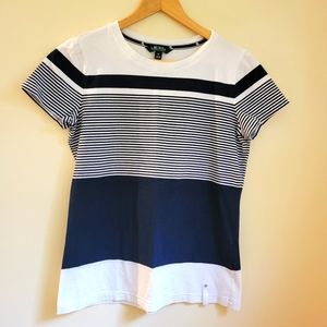Ralph Lauren Women's Navy and Blue Striped Short Sleeve Top Size Medium